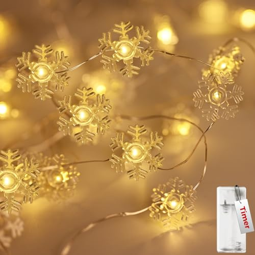 kolpop Weihnachten Lichterkette, 2m 20 Led Lichterketten Batterie mit Timer, Weihnachtsschneeflocken Lichterkette für Außen Innen Weihnachten, Neujahr, Garten, Schlafzimmer Deko
