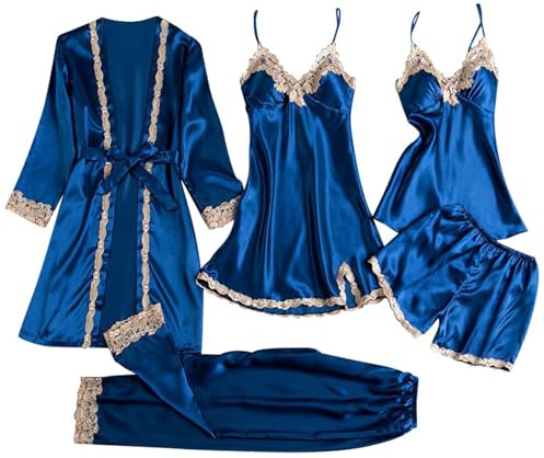 Womens Pyjama Set 5PCS Ladies Satin Silk Pyjamas Plus Size Floral Lace Trim Nightdress Camisole Shorts Pant and Slip Dress Dressing Gown with Chest Pad Carbo for Bridal Honeymoon Sleepwear