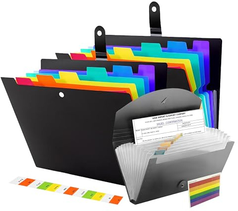 AiTodos® Dokumentmapp A4 Set 2+1 – 2× Expanderande Svarta Mappar (7 Fack) + 1× Kvittomapp (13 Fack), med Färgglada Etiketter & Vattentät PP för Kontor, Skola, Resor