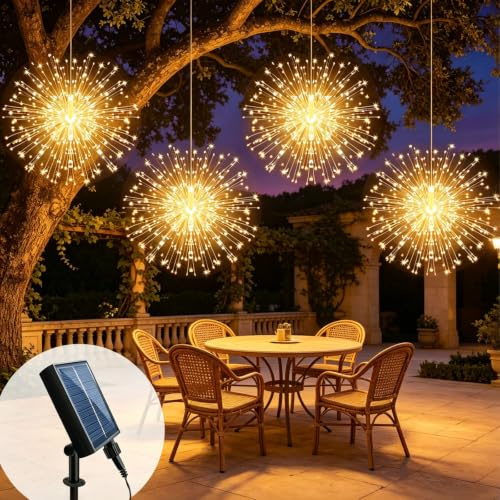 4 Piezas Solar Luces de LED Fuegos Artificiales, 360 LEDs Luces Colgantes con Efecto de Fuegos Artificiales, 8 Modos Impermeables Luces de Hadas Navideñas para Decoración Exterior Jardín Patio