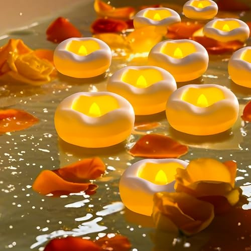 XEERUN 12 Pack Waterproof Flameless Floating Tealights, Petal Shape LED Floating Candles, 200+ Hours Battery Operated, Large Tea Lights Flickering Candles for Cylindrical Vases, Tub, Pool, Outdoor