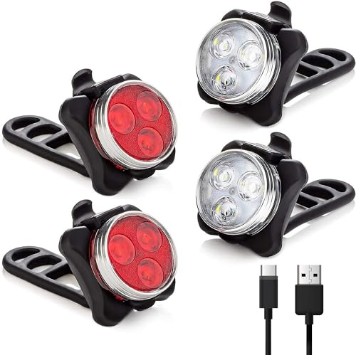 LED Licht Wiederaufladbares 4er Set, Helles Licht, Kompakt und Wasserdicht, Langlebiger Akku, LED Set für Außenbereich, kann auch als Kinderwagen Licht, USB Typ C(2White Light and 2Red Light)
