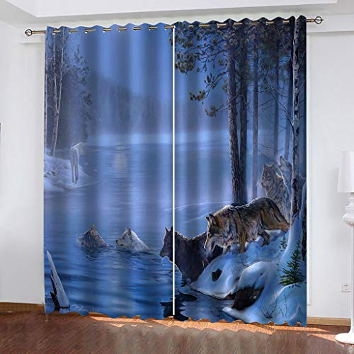 Verdunkelungsvorhang Kinderzimmer Junge Mädchen Blickdichter Ösenvorhang 3D Eis Und Schnee Waldtier Wolf Muster Ösenschal 2Er Set 140X160Cm Vorhänge Schlafzimmer Thermo Gardinen Fensterdekoration