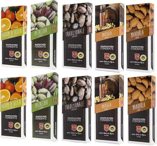 Sicilia Bedda - CIOCCOLATO DI MODICA IGP - 10 Barrette di Cioccolato - 1 KG di Cioccolata di Modica SENZA GLUTINE - ANTICA DOLCERIA RIZZA (Agrumi/Mandorla/Marsala/Pistacchio/Tradizionale)