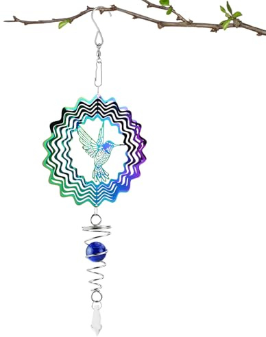 Wind Spinners for Garden 15cm/5.91inch 3D Hummingbird Hanging Wind Spinner with with Ball Spiral Tail Colorful Kinetic Windmill Magical Wind Powered Yard Art Decorations for Indoor Outdoor Garden Yard