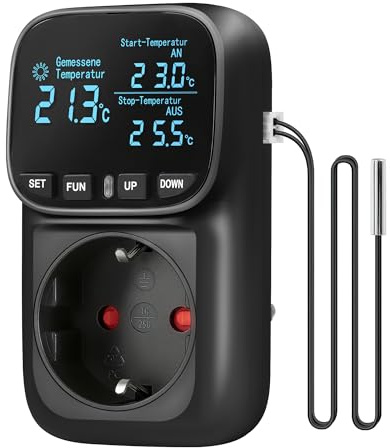 WILAWELS Deutscher Temperaturregler-Steckdose 230V digital, mit Fühler | Schwarze Thermostat Steckdose, Temperaturschalter, Steckdosenthermostat für Heizung, Gewächshaus, Ventilator, Wasserkocher
