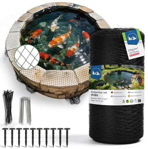 Cheffery Filet Anti-Oiseaux pour Bassin 8×8m, à Mailles Fines (15×15mm), Anti-Feuilles, 20g/m², Tressé à 3 Brins, avec 20 Piquets de Fixation et 30 Serre-Câbles, pour Jardin et Potager (64m² - 8x8m)