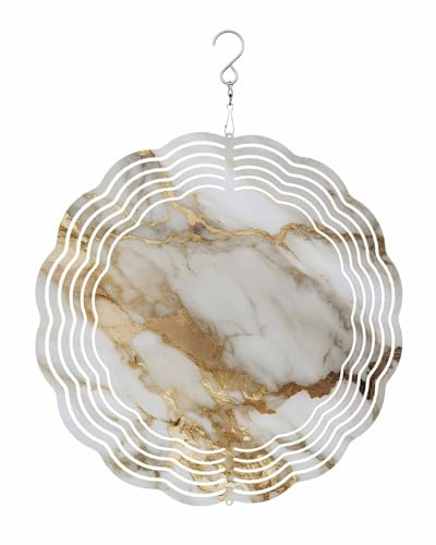 Abstract Art Wind Spinner 10 Inch White Marble Pattern Gold Crack Rock Texture Wind Spinners Outdoor 3D Stainless Steel Hanging Sculpture Decorations Gift for Garden Yard Porch Balcony
