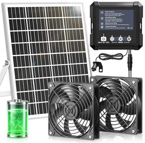 INNOLAND 25W Ventilador Solar para Gallinero con Batería de 7500 mAh | Ventilador Solar Exterior, 3 Modos Inteligentes con Sensor de Movimiento, Ventilador con Panel Solar para Cobertizo | Taller