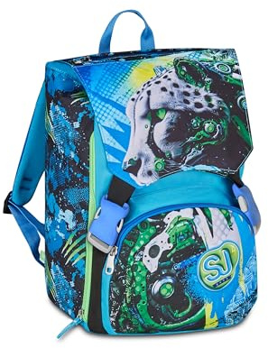 SJ GANG STYLE JAM GANG Zaino Estensibile, Volume Regolabile, Doppio Scomparto, Tasca Porta Borraccia, Scuola e Tempo Libero, Turchese Fluo, Bambini, blu