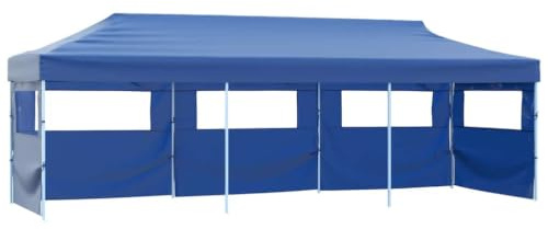 Tente de fête pliable 3 x 9 m avec 5 parois latérales et fenêtres transparentes, pavillon pop-up bleu en acier inoxydable et tissu Oxford avec revêtement en PVC pour événements en plein air