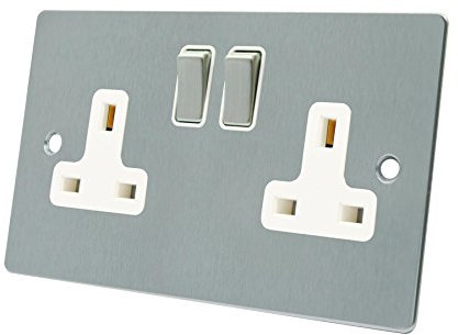 A5 SOC2GSFWS 2 Gang-Satin Matt Chrome Flat-White Insert-Metal Rocker Switch-13A Double Plug Socket, 250 W