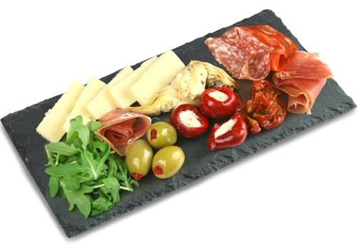 Utopia Small Rectangular Slate Platter 26 x 13cm – Natural Slate Serving Board with Rubber Feet – Tapas Cheese Dessert & Sushi Presentation Plate (26x13cm, 6, Count)