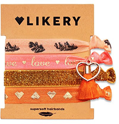 Rubans en caoutchouc ou bracelets ultra doux | Imprimé avec des plumes, love, cœur | couleurs ultra brillantes | tissus aux reflets soyeux, bandes brillantes et pailletées | avec pendentifs