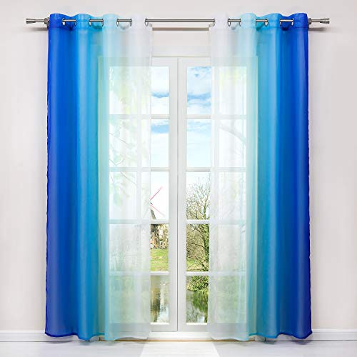 HongYa 2 Vorhänge, Farbverlauf, Weiß und Blau, H/L, 145/140 cm, mit Ösen, Polyester, transparent, einfache Installation, großes Fenster, für Schlafzimmer, Balkon, Küche