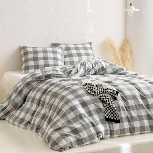 Lanqinglv Bettwäsche 135x200 cm Grau Weiß Kariert Gitter Muster | ÖKO-TEX Zertifiziert,für Allergiker,4 Jahreszeiten Set,Aesthetic Bettbezug 1 Kissenbezüge 80x80 mit Reißverschluss