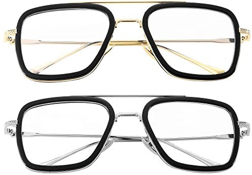 Onrtry Tony Stark Blaulichtblockierende Brille für Männer Frauen Retro Metallrahmen Iron Man Spider-Man Brille, A5 goldener schwarzer Rahmen + silberfarbener schwarzer Rahmen, M