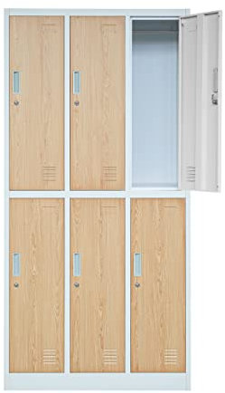 Jan Nowak Casier vestiaire 3B2A Armoire Metallique 6 Compartiments Revêtement en Poudre 185 cm x 90 cm x 45 cm (Blanc/Imitation Bois)