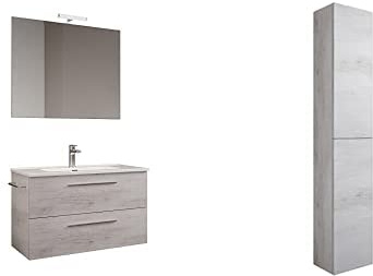 Mama Store Collezione Era, Set da bagno, Mobile da bagno sospeso con lavabo da 100cm, con Colonna sospesa 2 ante, Quercia Bianco