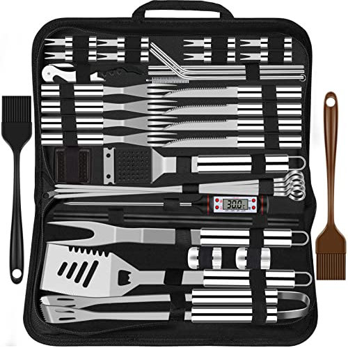 Grilliance Set di 38 posate per barbecue, in acciaio inox, accessori per barbecue per uomini, regalo di compleanno, set di utensili per barbecue di alta qualità, valigetta per barbecue，argento