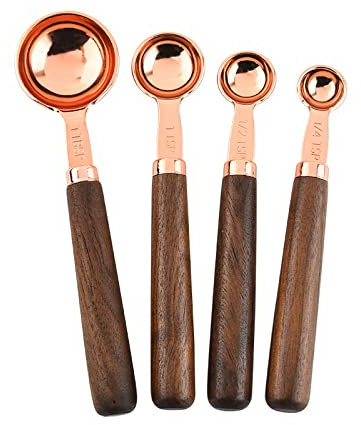 YXSH Cuillères Doseuses en Acier Inoxydable, Manche en Bois,Lot de 4 Cuillères Mesures pour Mesurer Sec et Ingrédients Liquides