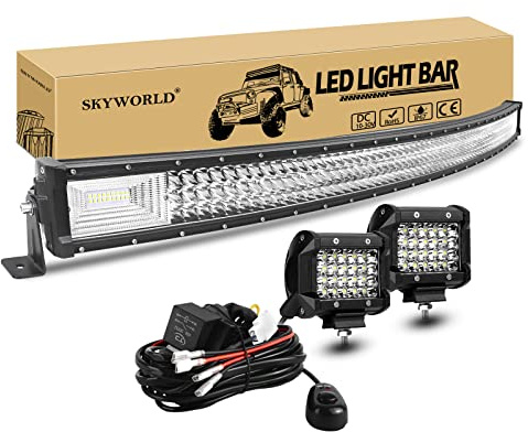 SKYWORLD LED Arbeitsscheinwerfer Bar, 132CM 675W Gebogen LED Offroad Scheinwerfer Arbeitslicht, 2 x 60W Zusatzscheinwerfer Beleuchtung mit 12V kabelbaum Auto Traktor SUV LKW KFZ 4x4 Nebelscheinwerfer | 130 cm 675W Zusazuscheinwefer Bar, 2 x 10 cm 60W Led Scheinwerfer mit 12V kabelbaum für Auto Offroad Traktor SUV LKW KFZ 4x4