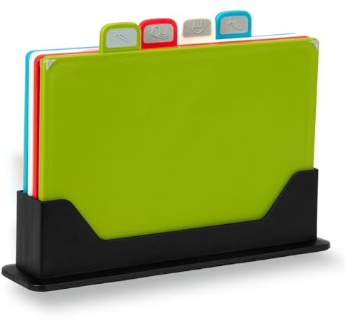 ZENO Plastic Chopping Board Set | Set of 4 Coloured Chopping Boards with Stand | Non Slip Cutting Boards | Thick Chopping Boards for Kitchen Cooking Equipment | Food Icons | Dishwasher Safe | BPA-Free