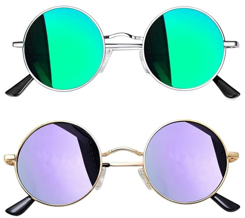Joopin 2er-Set Sonnenbrillen Herren Rund Retro Brille Damen Hippie UV400 | Polarisiert, Metallrahmen, Klein, Schmal, Steampunk, Unisex, 30°-Flex-Scharnier, Alltag, Festivals, Partys, Halloween