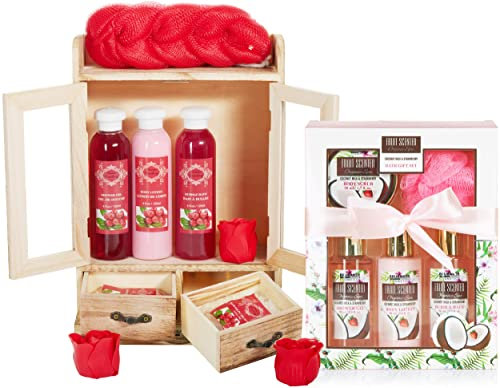 BRUBAKER Cosmetics 2 in 1 Pflegeset Cranberry & Kokosnuss Erdbeere - Großes 15-teiliges Wellness Set - Damen Dusch- und Badeset - Frauen Beauty Geschenkset mit Deko Holzschrank