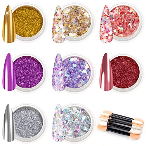 MELLIEX 8 Döschen Metallic Nagelpuder, Mirror Nägel Pulver Chrom Pigment Magischer Spiegel-Effekt für Nail Art Dekoration (Gold, Silber, Pink, Lila)