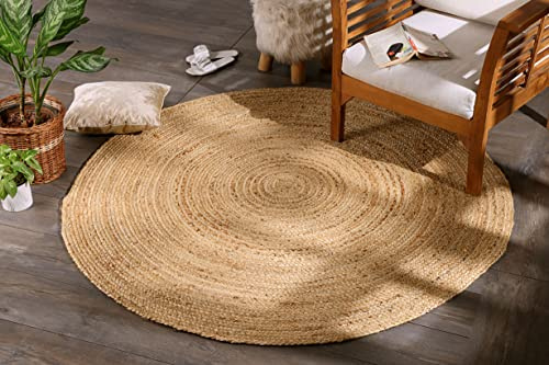 Spetebo Jute Teppich geflochten Natur - rund / 150 cm - Kurzflor Läufer im Ethno-Style - Niedrigflor Naturfaser Matte recycelbar wasserabweisend antistatisch farbecht
