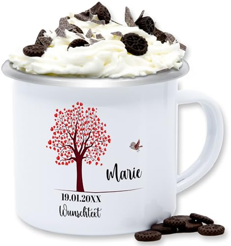 Emaille Tasse Blechtasse - Lebensbaum Geburt I Taufe Geschenk Kommunion I Datum - 300 ml - Weiß Silber - personalisierte zur konfirmation konfirmations taufgeschenke baum taufgeschenk junge firmung