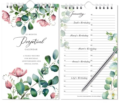 Perpetual Calendar - 12-Month Undated Calendar from Jan. to Dec., 6'' X10'' Perpetual Calendar with 2 Lines Per Days, Reminding Anniversaries, Birthdays, Festivals, Birthday Reminder Book with Thick Paper - Purple Flower