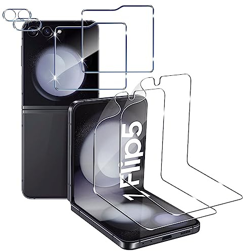 Wonsoso pour Samsung Galaxy Z Flip 5 Verre trempé, 2 Pièces 9H Dureté Avant Protection Écran + 2 Pcs Flexible À l'intérieur Protection Ecran + 2 Pcs Caméra Arrière Protecteur, HD sans Bulles