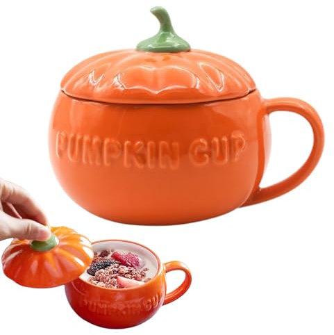Halloween-Kürbisbecher, Kürbis-Suppentasse mit Deckel, Kürbis-Suppentassen mit Löffel, Keramik-Kürbis-Gesichtsschale, für Herbstdekoration, Cappuccino, Latte, Müsli, Joghurt, mikrowellengeeignet,