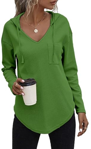 Cuptacc Hoodies For Women Uk Waffle V Neck With Drawstring Long Sleeve Sweatshirt Autumn Casual Women Tops With Pocket