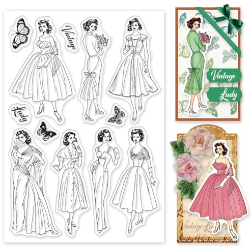 INFUNLY Jahrgang Frauen Transparent Briefmarken Retro Dame Silikon Transparent Stempel Zum Karte Herstellung Schmetterling Gummi Stempel 6.3x4.3 Wort Transparent Briefmarken Zum Diy Scrapbooking