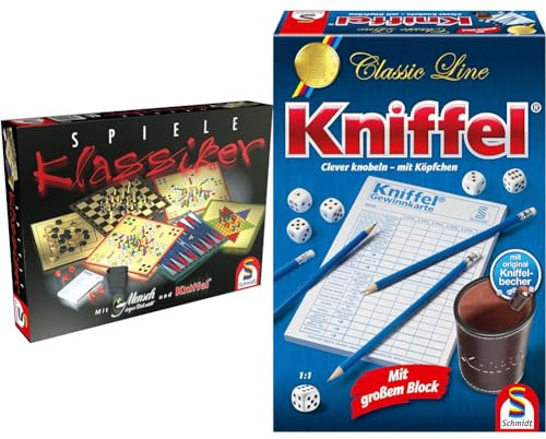 Schmidt Spiele 49120 Spiele Klassiker, Spielesammlung, 2 bis 6 Spieler & 49203 Kniffel, Classic Line, mit großem Block, mit original Kniffelbecher