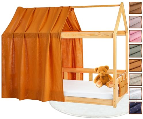 Lovely Hippo Hausbett Himmel - 100% Baumwolle - Betthimmel Hausbett aus Musselin - Bett Vorhang Kinderbett - Himmelbett Vorhänge 90x200cm (Camel/Gold Tasche, 120 x 370 cm (1er Set))