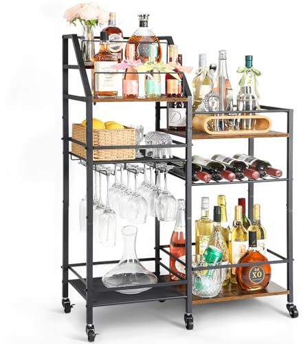 VINAEMO Rolling Bar Cart with Wine Glass Holder, Bar Carts for The Home, Bar Stand for Home, Small Mini Bar for Whiskey Wine, Liquor Cart for Home Bar, Alcohol Cabinet for Bar, Kitchen, Dining Room