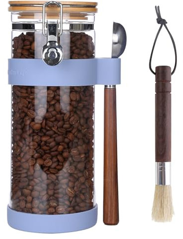 Ken's Kitchen Kaffeedose Luftdicht für 500g Kaffeebohnen Glasbehälter 1,5L mit Deckel & Messlöffel - Vorratsdose für Tee, Zucker, Müsli, Kaffeebohnen aufbewahrung - hellblau