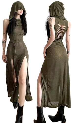 SINROYEE Abito lungo da donna con spacco alto, sexy, senza maniche, abito da cocktail sexy con ritaglio aderente, Verde scuro 2, S