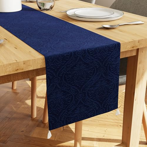 Encasa XO Camino de Mesa Terciopelo, Diseño Grabado 13x72 Azul Marino