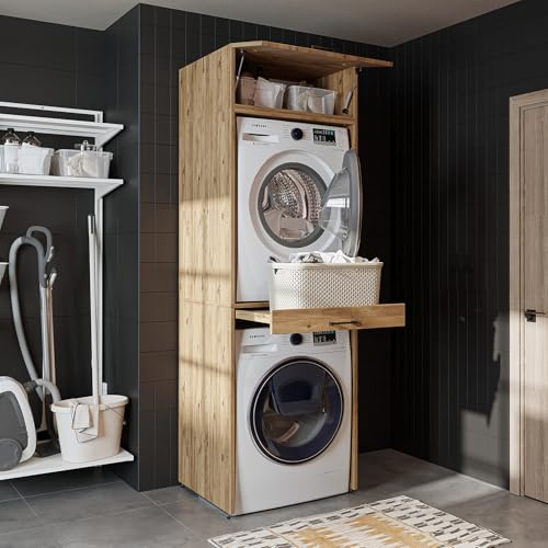 ROOMART • Armoire pour machine à laver et sèche-linge • Avec couvercle amovible • Blanc • Chêne noir • Armoire de sol (chêne avec tiroir de 22 cm)