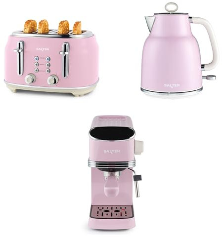 Salter Retro 3-Piece Countertop Set – Digital Espresso Machine with Milk Frothing Wand, 20-Bar Pressure Pump, 1.7L Electric Rapid Boil Kettle & 4-Slice Toaster, 6 Browning Levels, Pink, COMBO-9734