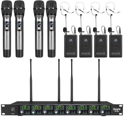 OPQRST Wireless Microphone System 8 Channel UHF 4 Handheld 4 Bodypack Headset Lapel Mics Fixed Frequency Metal Cordless Microphone for Church Singing DJ Wedding Party Ktv