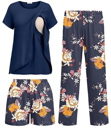 Ekouaer 3 PCS Maternity Nursing Pajamas Set Postpartum Breastfeeding Short Sleeve Shirts, Pregnancy Shorts & Pants Pjs Navy Blue Print M