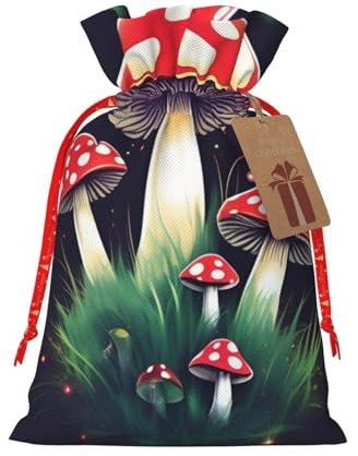 HJLUUFT Jutebeutel mit Zauberpilz-Druck, Weihnachtsgeschenktüte mit Kordelzug und Geschenkanhänger, für Hochzeit, Weihnachten, Party