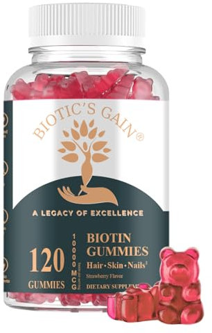 Biotic's Gain Biotin Gummies, 10000 mcg, Hair Skin and Nail Support, with Vitamins A C D E B6 B12 and Zinc, Vegan, Sugar Free, 120 Count
