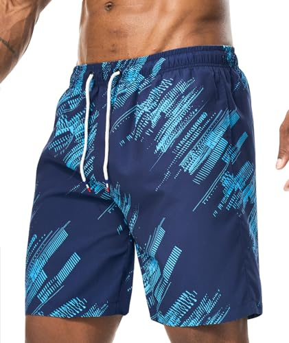Danfiki Badshorts herr badbyxor bräda strand snabbtorkande med nätfoder blixtlåsfickor, Kamouflage-blå, M